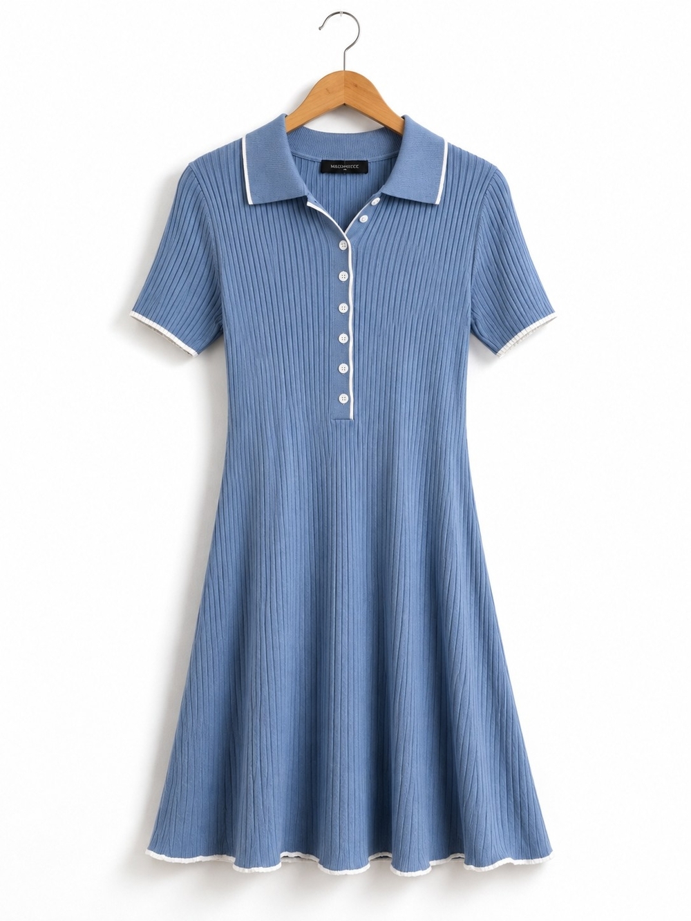 Blue Ribbed Knit Dress White Trim Collared Flare Midi Maxi Coastal Preppy - Picture 3 of 8